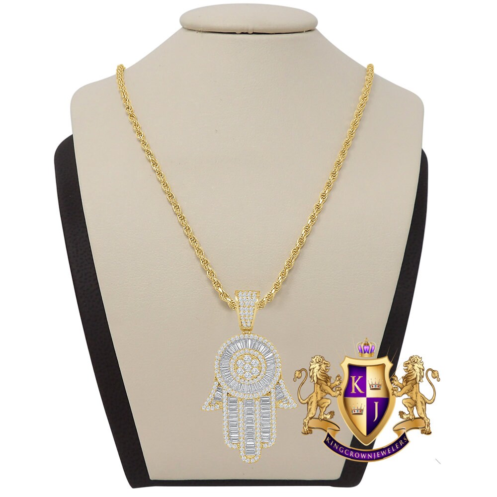 Baguette Genuine Silver 14K Gold Finish Simulated Diamond Hamsa Hand Jewish Religious Charm Mini Pendent Chain Set