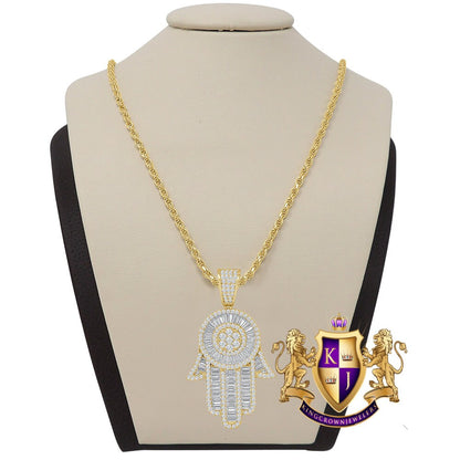 Baguette Genuine Silver 14K Gold Finish Simulated Diamond Hamsa Hand Jewish Religious Charm Mini Pendent Chain Set
