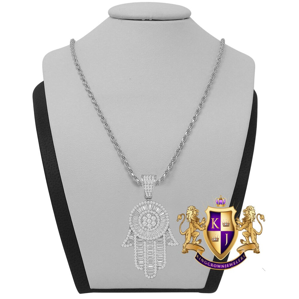 Baguette Genuine Silver 14K Gold Finish Simulated Diamond Hamsa Hand Jewish Religious Charm Mini Pendent Chain Set