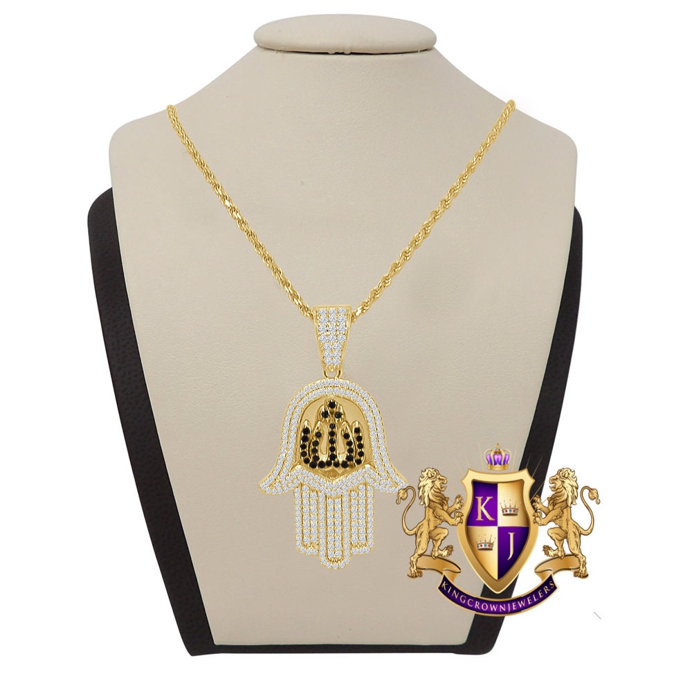 Unisex Genuine Sterling Silver 14K Gold Finish Simulated Diamond Hamsa Hand Allah Religious Charm Mini Pendent Chain Set