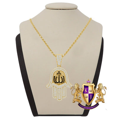 Unisex Genuine Sterling Silver 14K Gold Finish Simulated Diamond Hamsa Hand Allah Religious Charm Mini Pendent Chain Set