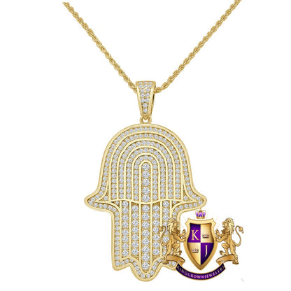 Real Genuine Sterling Silver Simulated Diamond Hamsa Hand Pendent Charm 2'' + Free Chain