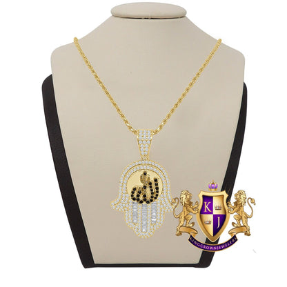 Genuine Sterling Silver 14K Gold Finish Simulated Diamond Hamsa Hand Allah Religious Charm Mini Pendent + Free Chain