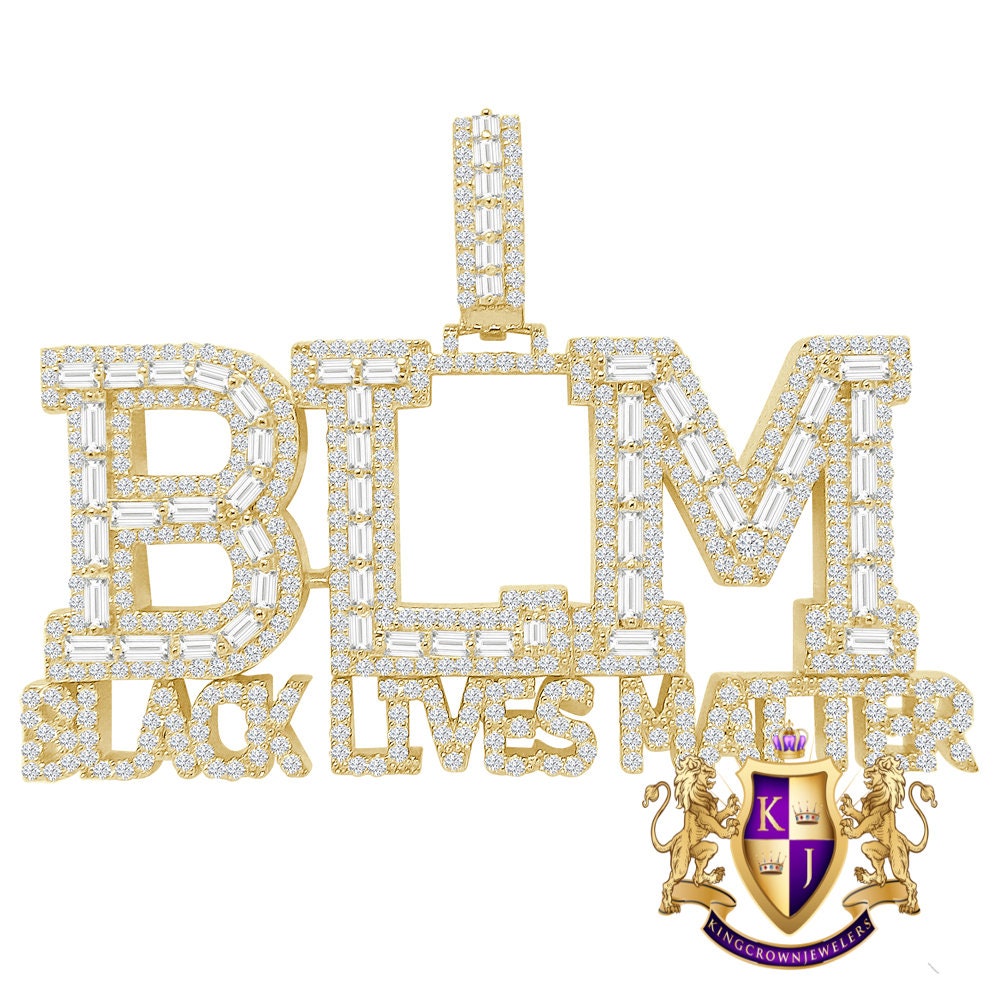 Big XL Baguette Real Yellow Gold  Sterling Silver Simulated Diamond "Black Lives Matter" Custom Pendent Charm 45+ Gram