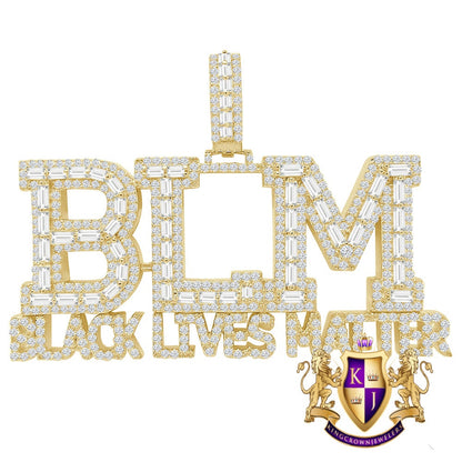 Big XL Baguette Real Yellow Gold  Sterling Silver Simulated Diamond "Black Lives Matter" Custom Pendent Charm 45+ Gram