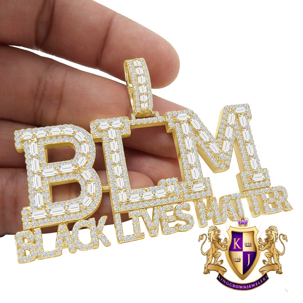 Big XL Baguette Real Yellow Gold  Sterling Silver Simulated Diamond "Black Lives Matter" Custom Pendent Charm 45+ Gram