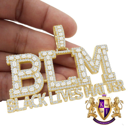 Big XL Baguette Real Yellow Gold  Sterling Silver Simulated Diamond "Black Lives Matter" Custom Pendent Charm 45+ Gram