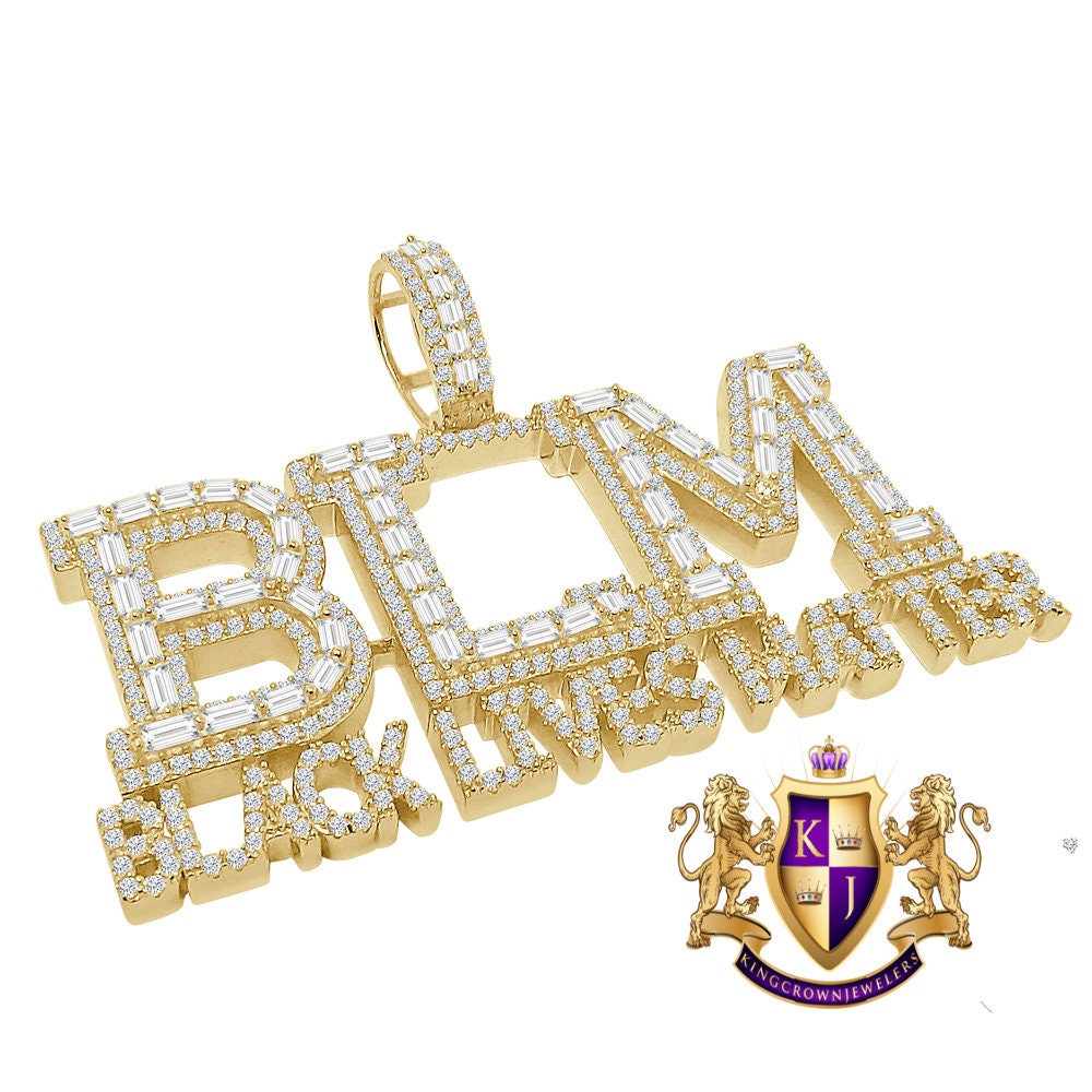 Big XL Baguette Real Yellow Gold  Sterling Silver Simulated Diamond "Black Lives Matter" Custom Pendent Charm 45+ Gram