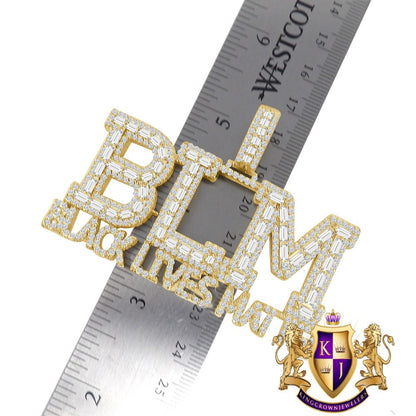 Big XL Baguette Real Yellow Gold  Sterling Silver Simulated Diamond "Black Lives Matter" Custom Pendent Charm 45+ Gram