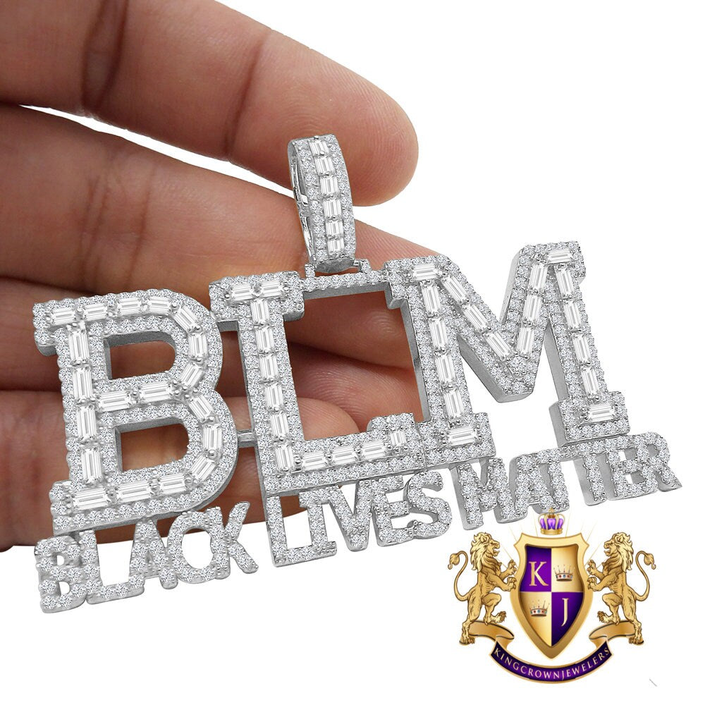 Big XL Baguette Real White Gold On Sterling Silver Simulated Diamond "Black Lives Matter" Custom Pendent Charm 45+ Gram