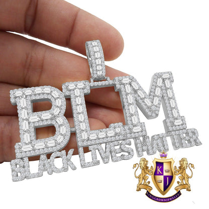 Big XL Baguette Real White Gold On Sterling Silver Simulated Diamond "Black Lives Matter" Custom Pendent Charm 45+ Gram