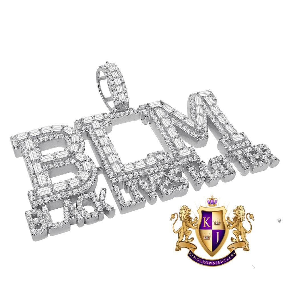 Big XL Baguette Real White Gold On Sterling Silver Simulated Diamond "Black Lives Matter" Custom Pendent Charm 45+ Gram