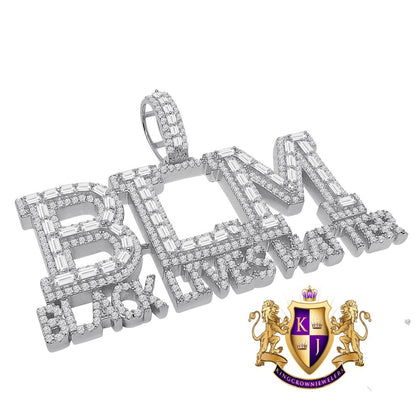 Big XL Baguette Real White Gold On Sterling Silver Simulated Diamond "Black Lives Matter" Custom Pendent Charm 45+ Gram