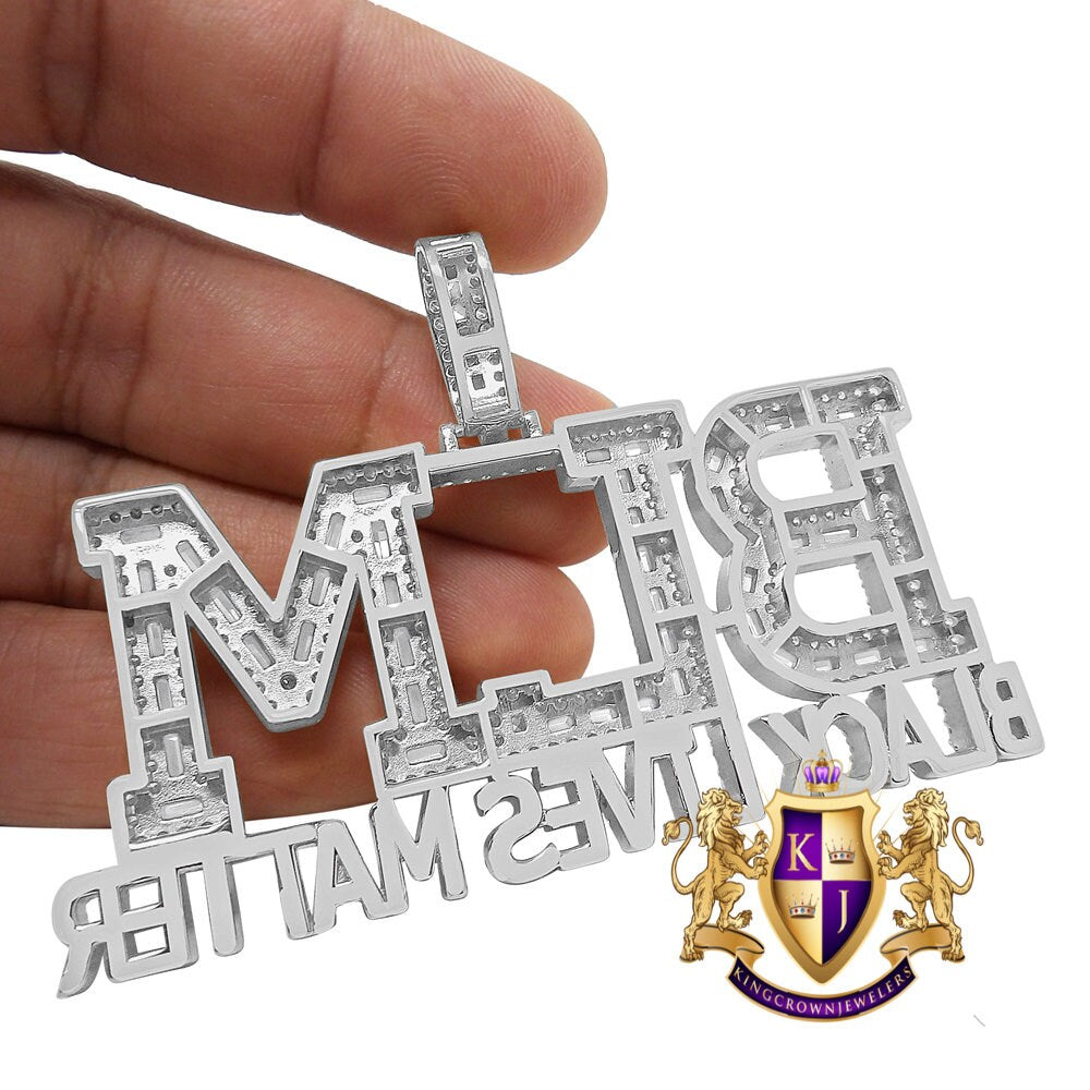 Big XL Baguette Real White Gold On Sterling Silver Simulated Diamond "Black Lives Matter" Custom Pendent Charm 45+ Gram