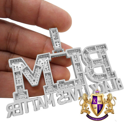 Big XL Baguette Real White Gold On Sterling Silver Simulated Diamond "Black Lives Matter" Custom Pendent Charm 45+ Gram