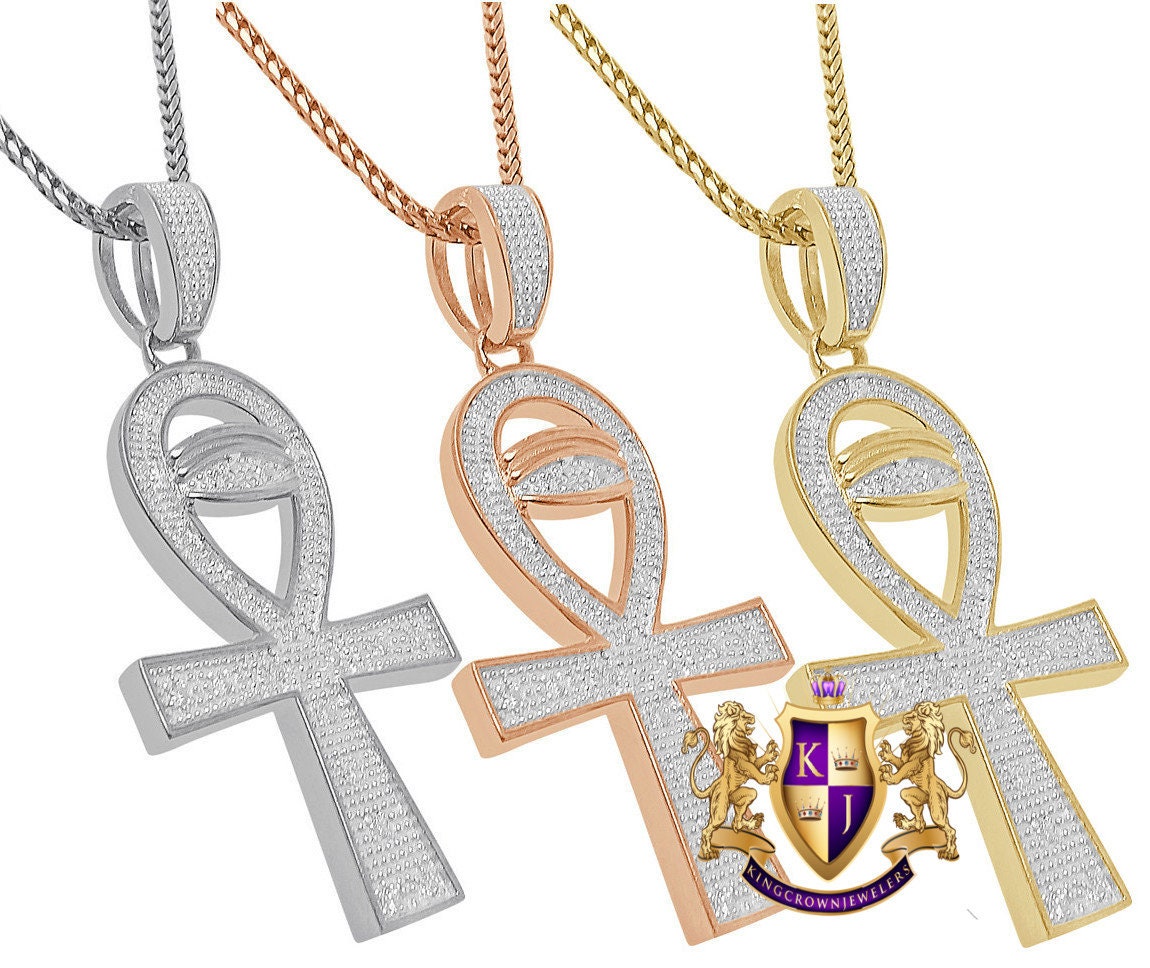 Genuine Real Authentic Diamond Egyptian Ankh Cross Evil Eye Pendent Charm Chain Set 10K Gold Finish Unisex