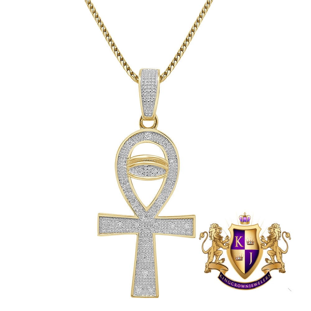 Genuine Real Authentic Diamond Egyptian Ankh Cross Evil Eye Pendent Charm Chain Set 10K Gold Finish Unisex