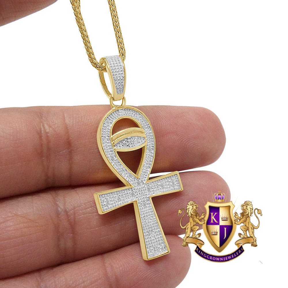 Genuine Real Authentic Diamond Egyptian Ankh Cross Evil Eye Pendent Charm Chain Set 10K Gold Finish Unisex