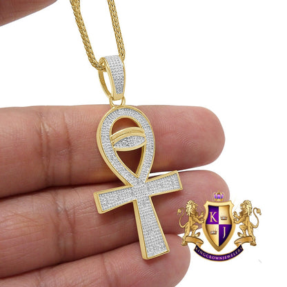 Genuine Real Authentic Diamond Egyptian Ankh Cross Evil Eye Pendent Charm Chain Set 10K Gold Finish Unisex