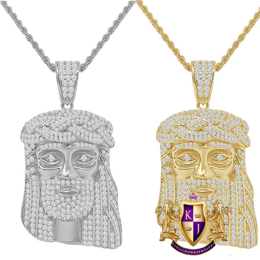 Real Italian Sterling Silver Simulated Diamond Jesus Face Piece Pendent Charm 1.90'' + Free Chain