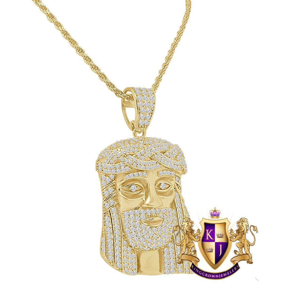 Real Italian Sterling Silver Simulated Diamond Jesus Face Piece Pendent Charm 1.90'' + Free Chain