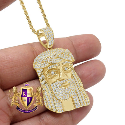 Real Italian Sterling Silver Simulated Diamond Jesus Face Piece Pendent Charm 1.90'' + Free Chain