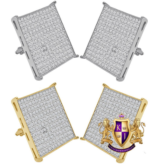 Real Genuine Sterling Silver Gold Tone Simulated Diamond Square Earrings XL Face 16mm Unisex