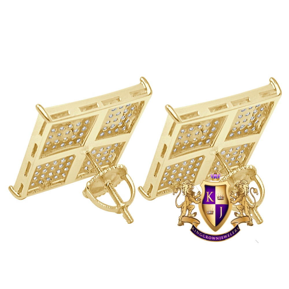 Real Genuine Sterling Silver Gold Tone Simulated Diamond Square Earrings XL Face 16mm Unisex