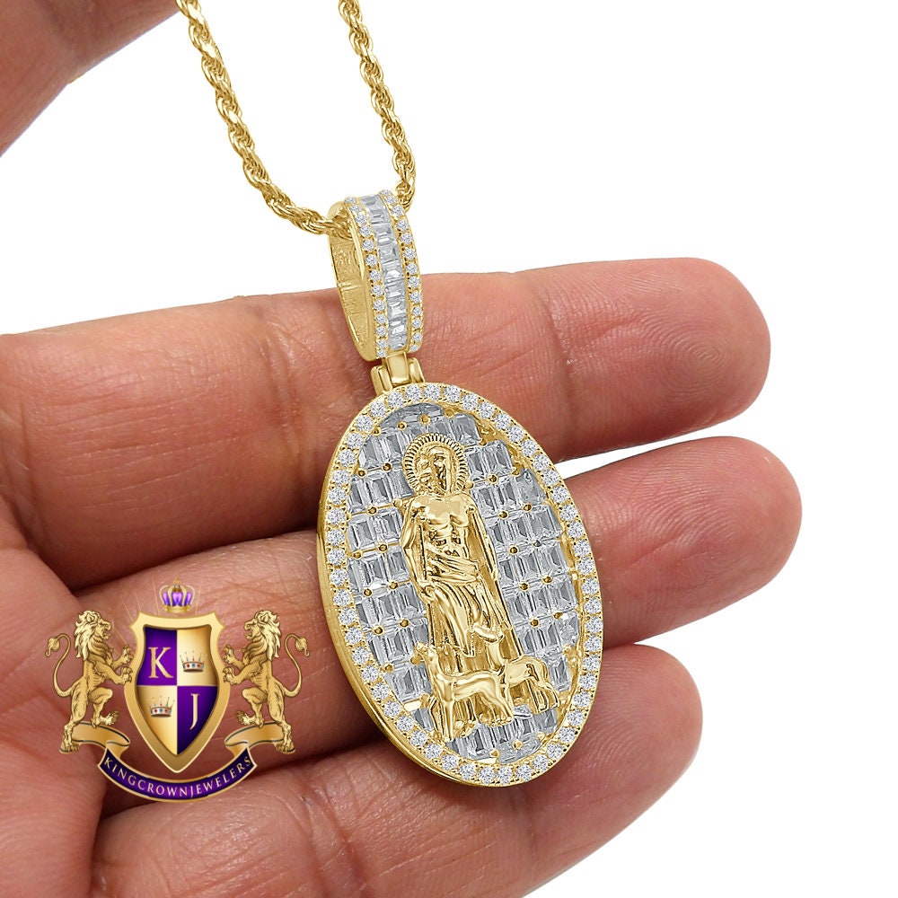 Baguette 14k Gold Over Pure Sterling Silver  Simulated Diamond Saint Lazarus Religious Pendent Charm Chain Set