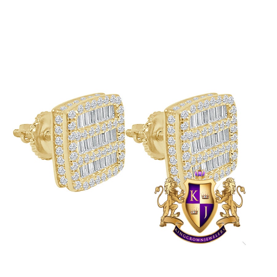14K Gold Tone Baguette Icy Square Prong .925 Sterling Silver Screw Back Earrings Unisex 10mm