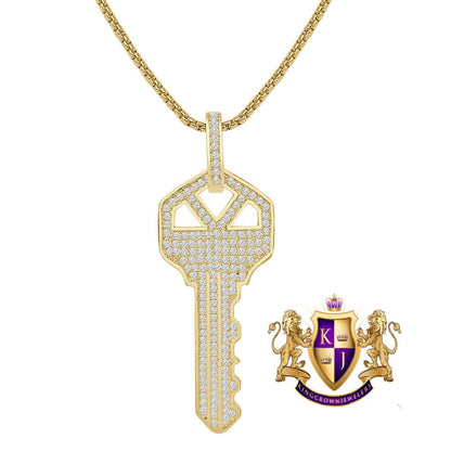 18 + Grams Men's Real Genuine Italian Sterling Silver Simulated Diamond 14K Gold Over Custom Key Padlock Pendent Charm 2.5''