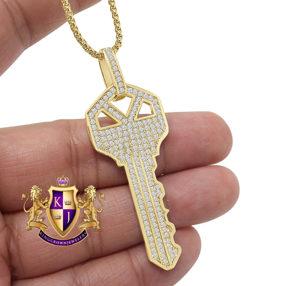 18 + Grams Men's Real Genuine Italian Sterling Silver Simulated Diamond 14K Gold Over Custom Key Padlock Pendent Charm 2.5''