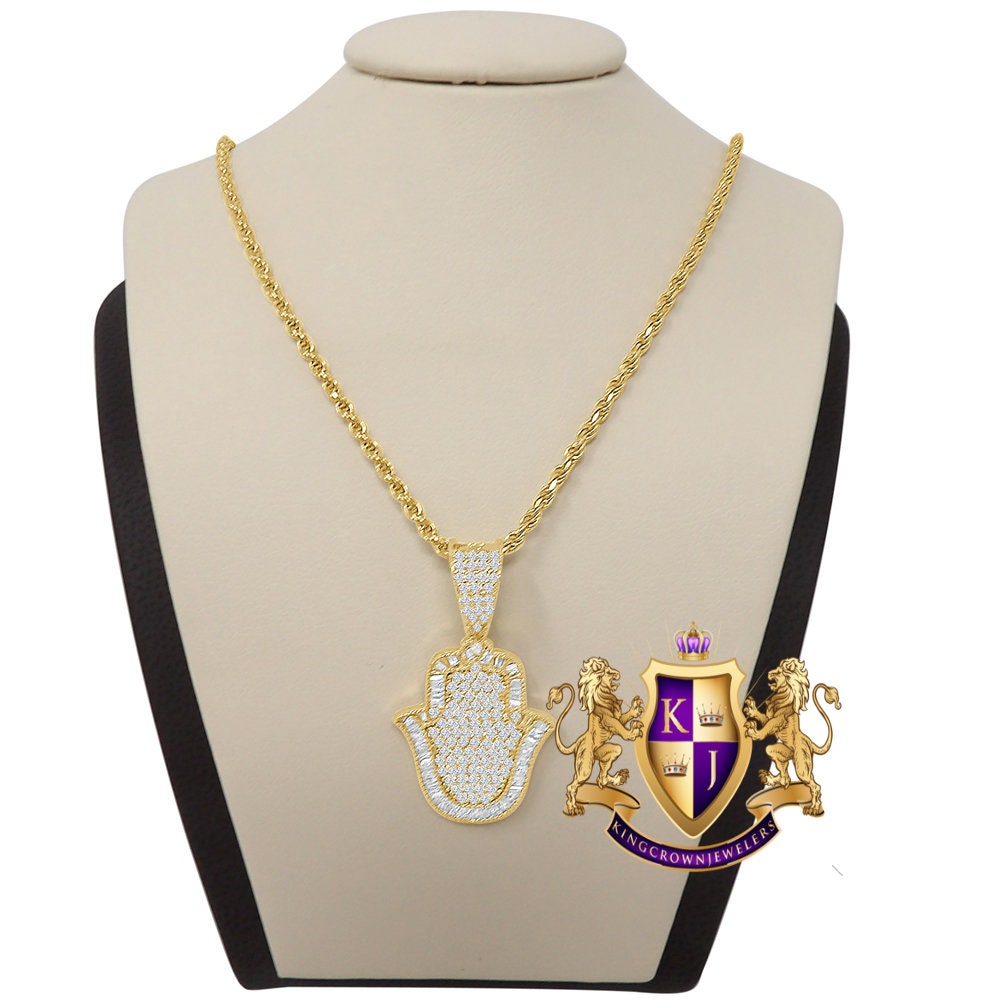 Unisex Baguette Real Sterling Silver Gold Finish Simulated Diamond Hamsa Hand Mini Pendent Charm Chain Set