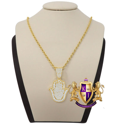 Unisex Baguette Real Sterling Silver Gold Finish Simulated Diamond Hamsa Hand Mini Pendent Charm Chain Set
