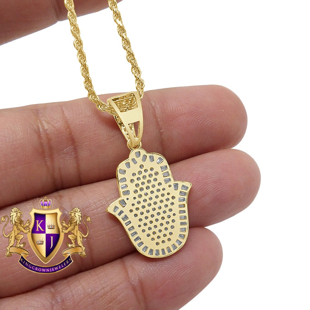 Unisex Baguette Real Sterling Silver Gold Finish Simulated Diamond Hamsa Hand Mini Pendent Charm Chain Set