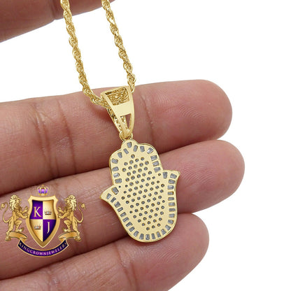 Unisex Baguette Real Sterling Silver Gold Finish Simulated Diamond Hamsa Hand Mini Pendent Charm Chain Set