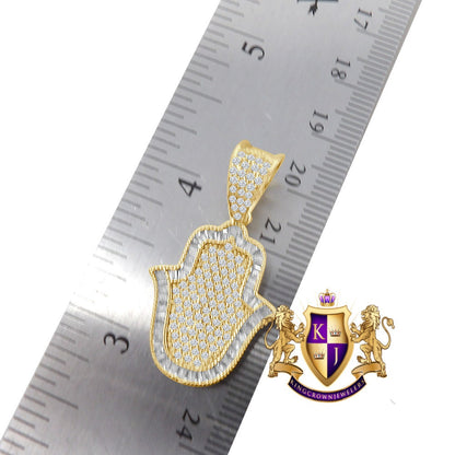 Unisex Baguette Real Sterling Silver Gold Finish Simulated Diamond Hamsa Hand Mini Pendent Charm Chain Set
