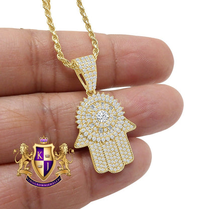Real Genuine Sterling Silver Gold Finish Simulated Diamond Hamsa Hand Mini Pendent Charm Chain Set