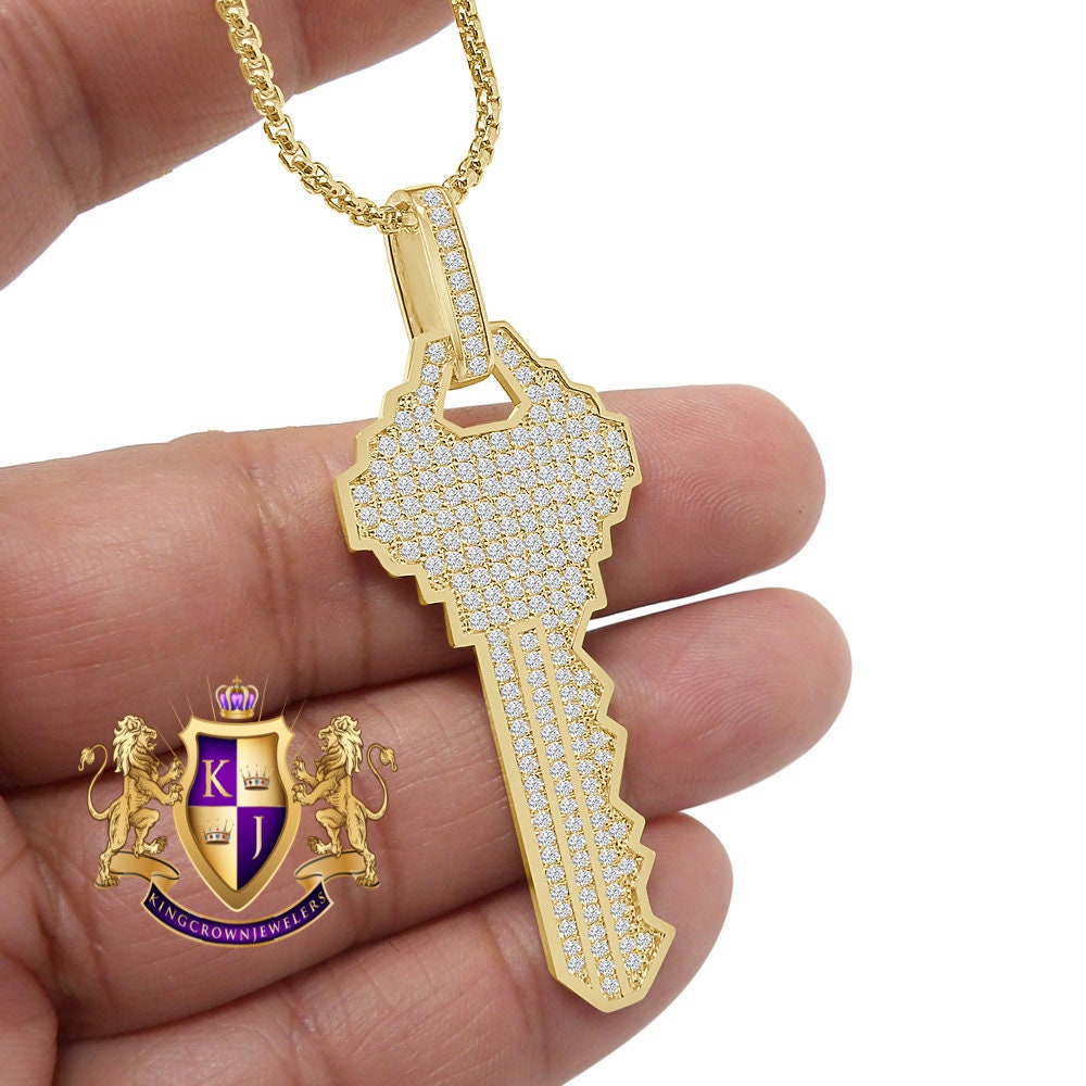 Men's Authentic Real Italian Sterling Silver Simulated Diamond 14K Gold Over Custom City Key Pendent Padlock Charm 2.5''