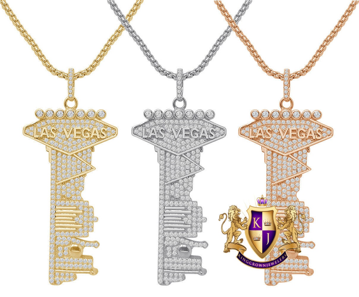 Las Vegas City Key Real Sterling Silver Simulated Diamond Men's Custom Pendent Charm 2.5''