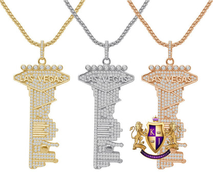 Las Vegas City Key Real Sterling Silver Simulated Diamond Men's Custom Pendent Charm 2.5''