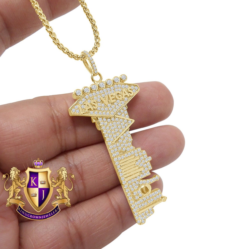 Las Vegas City Key Real Sterling Silver Simulated Diamond Men's Custom Pendent Charm 2.5''