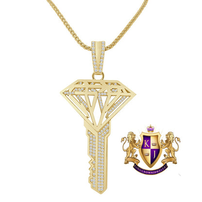 Custom City Key Pendent Padlock Charm 2.75'' Men's Authentic Real Italian Sterling Silver Simulated Diamond 14K Gold Finish