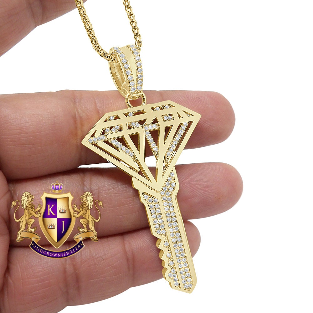 Custom City Key Pendent Padlock Charm 2.75'' Men's Authentic Real Italian Sterling Silver Simulated Diamond 14K Gold Finish