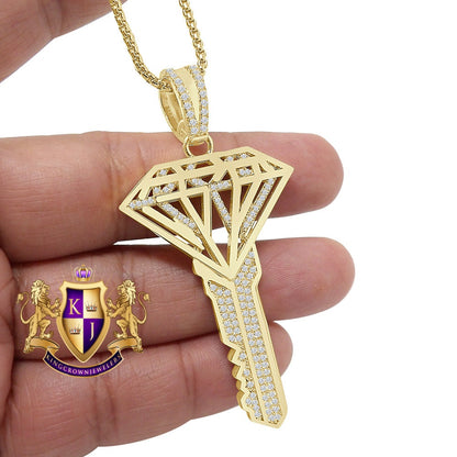 Custom City Key Pendent Padlock Charm 2.75'' Men's Authentic Real Italian Sterling Silver Simulated Diamond 14K Gold Finish