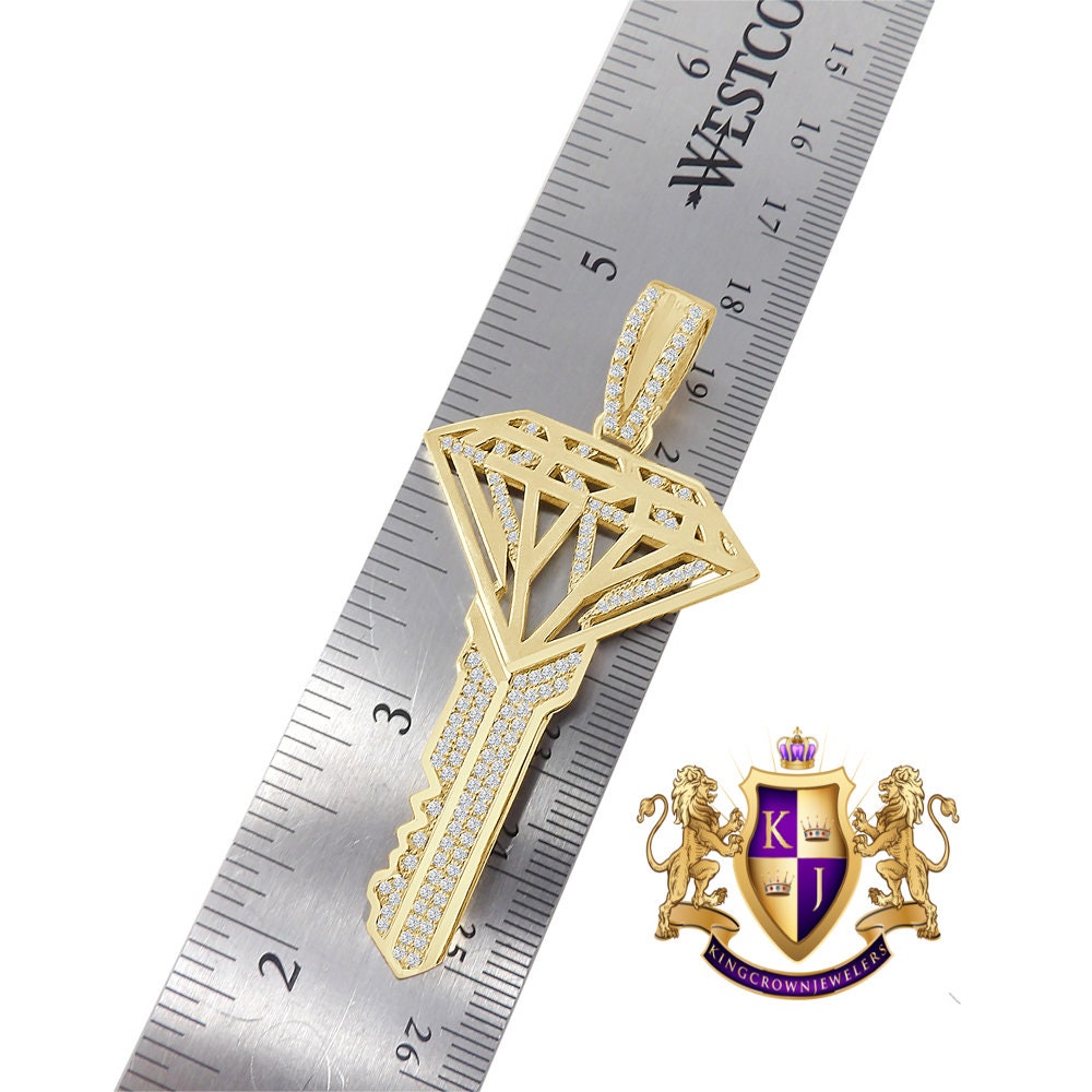 Custom City Key Pendent Padlock Charm 2.75'' Men's Authentic Real Italian Sterling Silver Simulated Diamond 14K Gold Finish