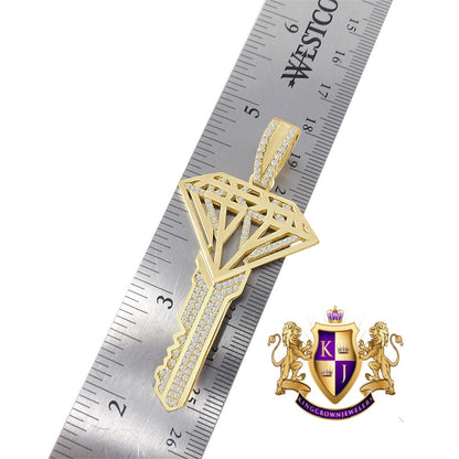 Custom City Key Pendent Padlock Charm 2.75'' Men's Authentic Real Italian Sterling Silver Simulated Diamond 14K Gold Finish