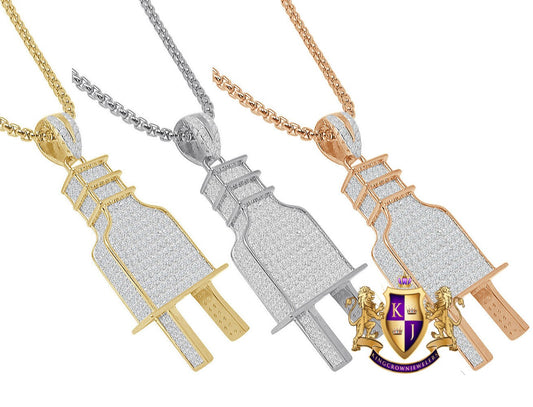 3D 14K Real Gold Over Genuine Sterling Silver Simulated Diamond Electric Plug Socket Pendent Men's Charm 2''