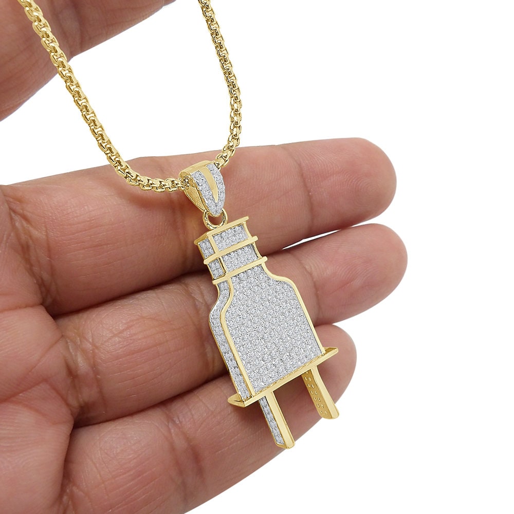 3D 14K Real Gold Over Genuine Sterling Silver Simulated Diamond Electric Plug Socket Pendent Men's Charm 2''