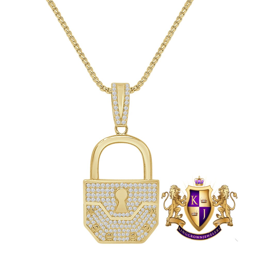 Genuine Sterling Silver 14K Real Gold Over Simulated Diamond Padlock Key Custom Pendent Men's Charm 2.25''